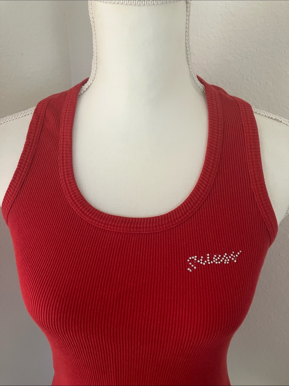Y2k Guess Red Ribbed Tank with Crystal Script Logo - Picture 5 of 9